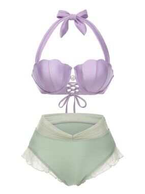 NWT Retro Stage Green Lavender 1970s Mermaid Shell Halter Bikini Set - Medium